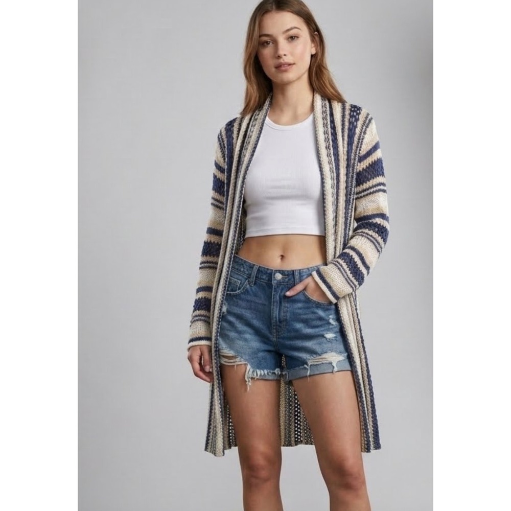 NorthStyle Open Knit Striped Cardigan M Blue Cream Long Sweater Duster Boho‎